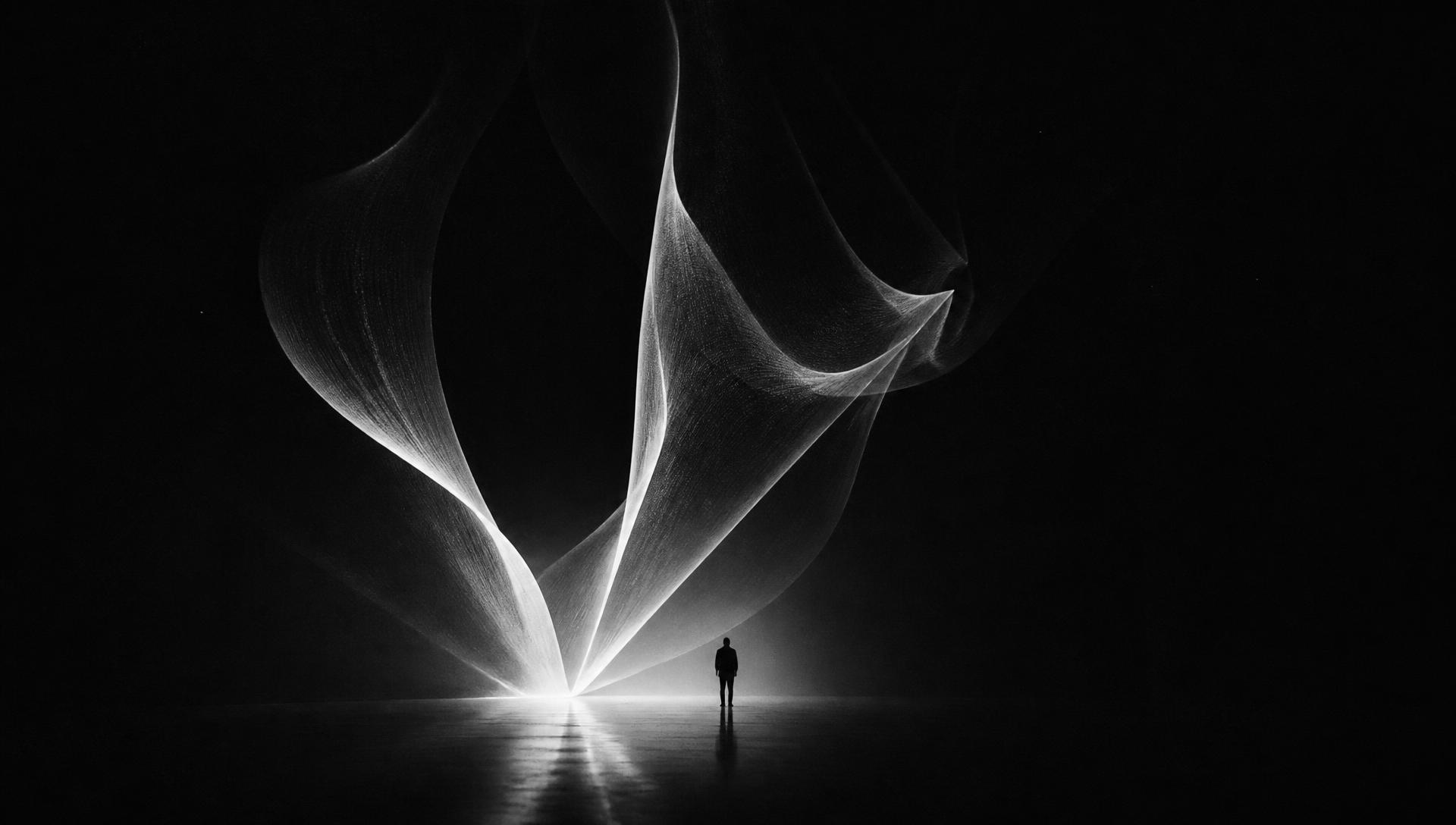 A lone figure standing before a vast sculpture of volumetric light